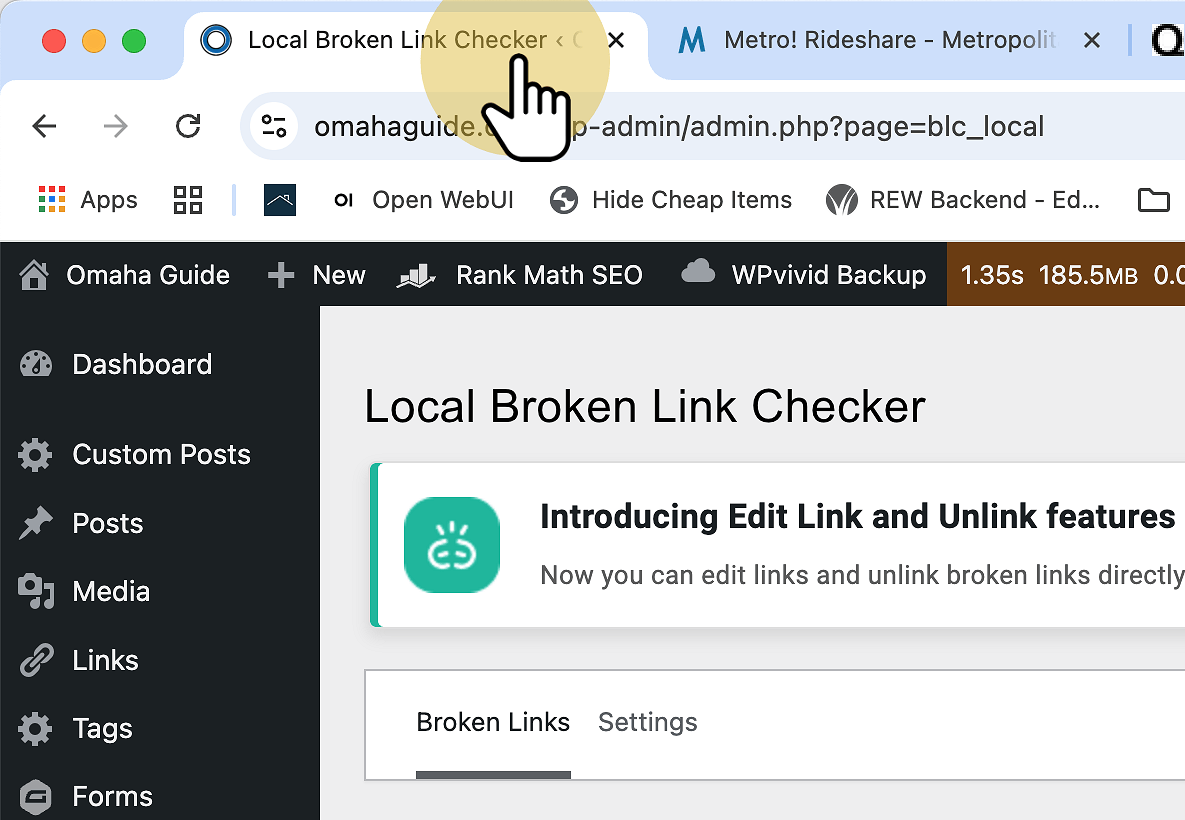 Click "Local Broken Link Checker ‹ Omaha Guide — WordPress"